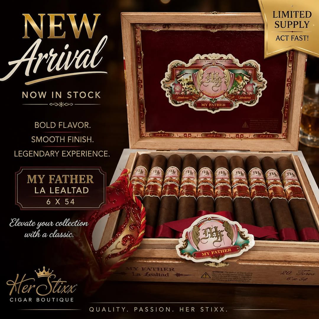 Her Stixx promotional display featuring a box of My Father La Lealtad cigars